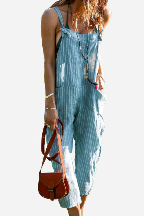 Chic Utility Striped Overalls With Tie-up Straps & Pockets
