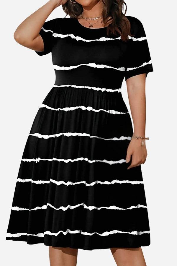 Black short-sleeved pleated dress with white stripes, high waist, and modest cut with pockets.