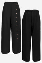 Black wide leg pants with side buttons and elastic narrow waist, breathable cotton blend, maritime-inspired design.