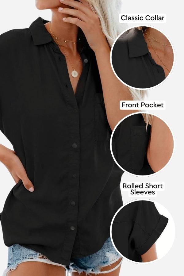 Black V-neck collared button blouse with classic collar, front pocket, and rolled short sleeves.