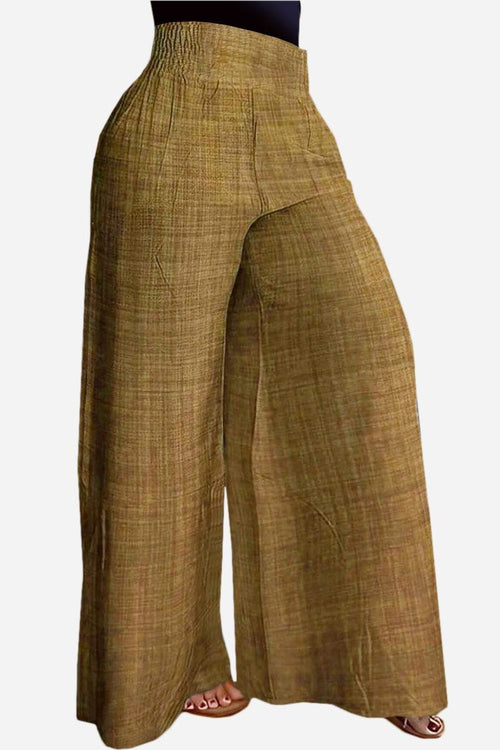 Brown high waist wide leg pants with lightweight fabric and relaxed fit for comfortable and stylish wear.