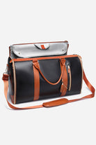 black and brown PU leather no-wrinkle foldable travel bag with multiple compartments and detachable shoulder strap
