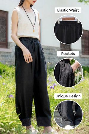 Woman wearing black Ramie Linen Cotton Pants with elastic waist and pockets outdoors