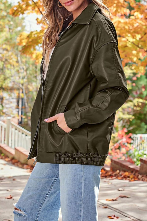 Oversized faux leather motorcycle jacket in olive green with relaxed fit and casual style