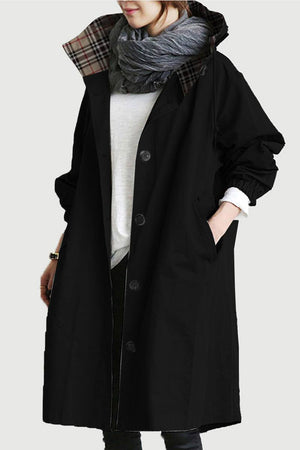 Travel-Smart Waterproof Hooded Windbreaker with adjustable hood and beige plaid lining in black, breathable and packable jacket for travel.