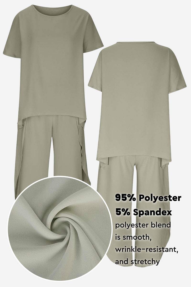 Relaxed linen-like travel 2-piece set in soft, wrinkle-resistant polyester blend with stretchy fabric for comfortable, stylish wear.