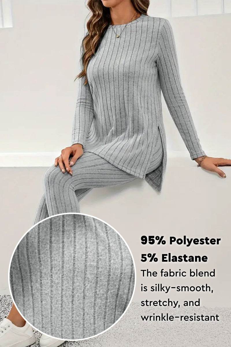Women's Butter Touch Ribbed Two-Piece Set in grey, stretchy polyester and elastane blend with ribbed texture and long sleeves.