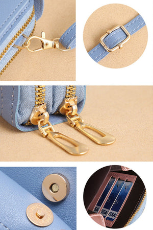 Anti-Theft Travel Crossbody Phone Pouch in blue PU leather with gold zippers, adjustable strap, magnetic snap closure, and card slots.