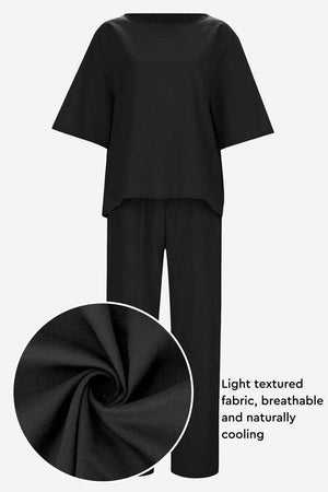 Black cotton-linen blend breathable two-piece set with relaxed fit and natural cooling fabric