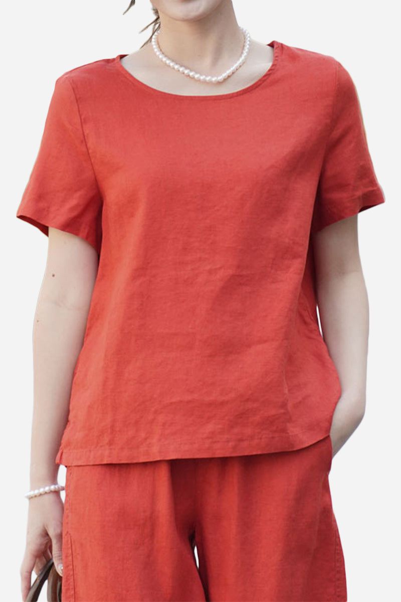 Women's breathable 100% pure linen classic shirt in white with relaxed fit and short sleeves