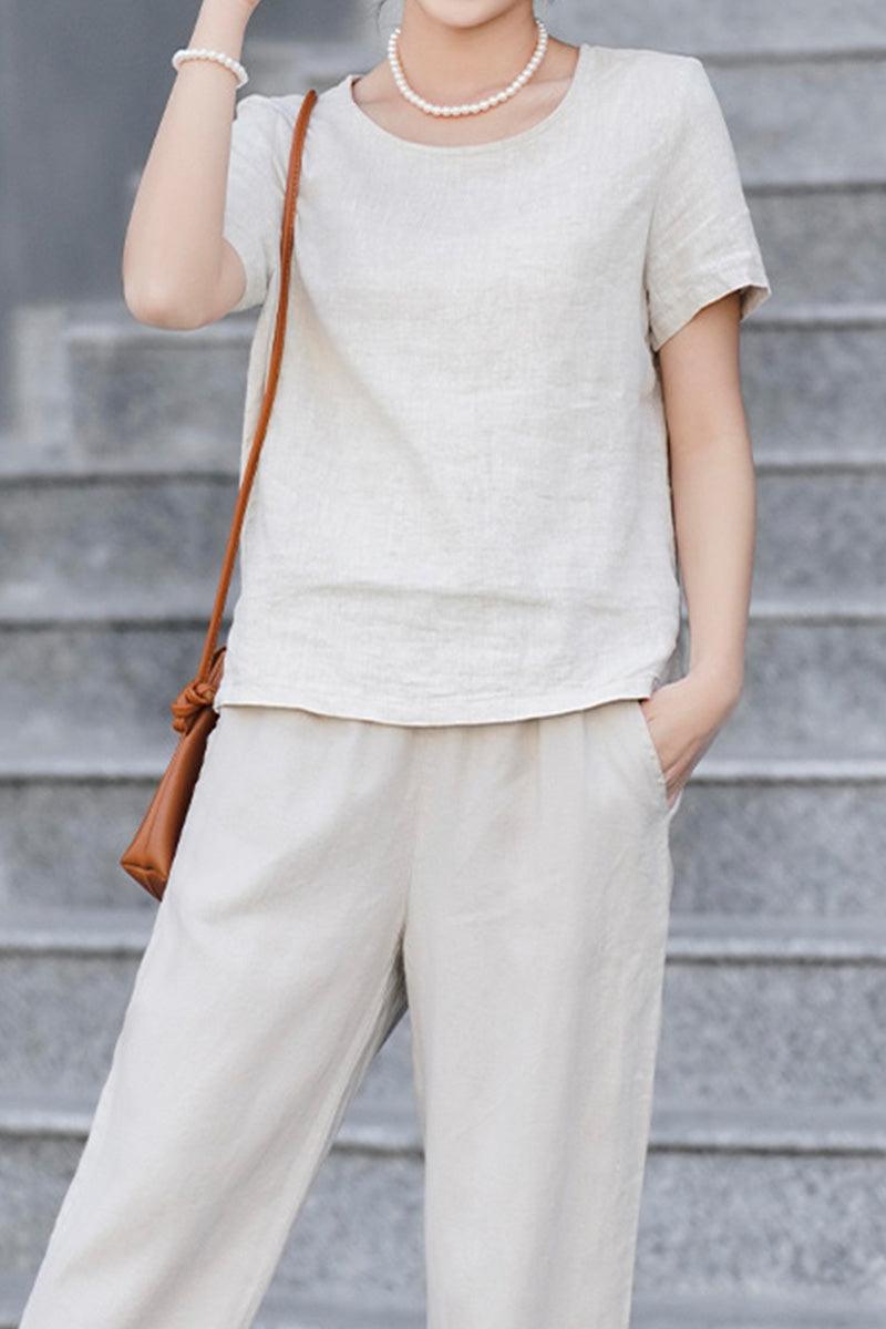 white 100% pure linen breathable classic shirt with round neckline and short sleeves