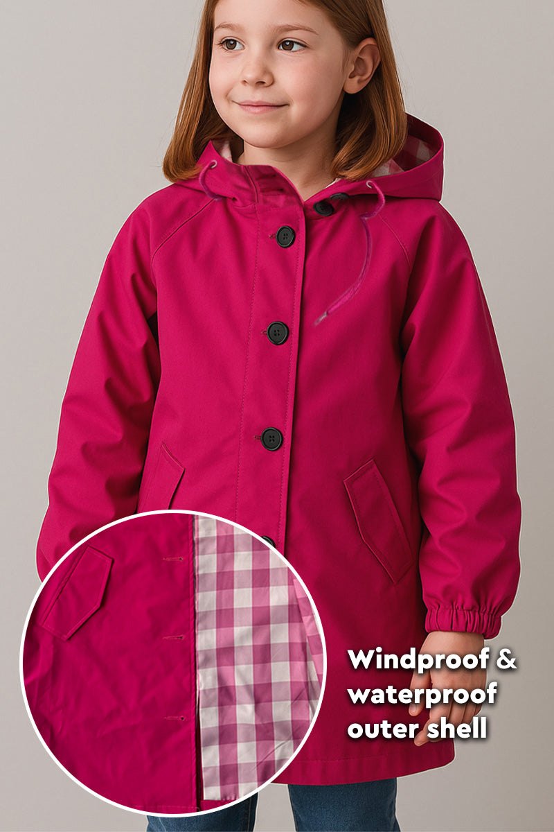 Junior water resistant oversized hooded windbreaker rain jacket for kids with windproof and waterproof outer shell