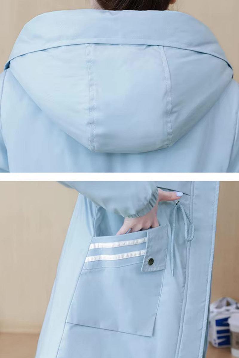 Cityscape Comfort Hooded Windbreaker in light blue with plush lining and adjustable waist design