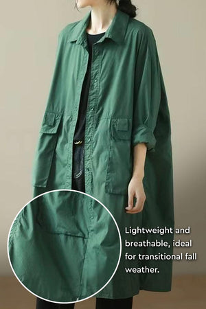 Nomad Ease Oversized Shirt-Jacket in green, lightweight breathable fabric with roll-up sleeves and large front pockets for versatile transitional fall wear.