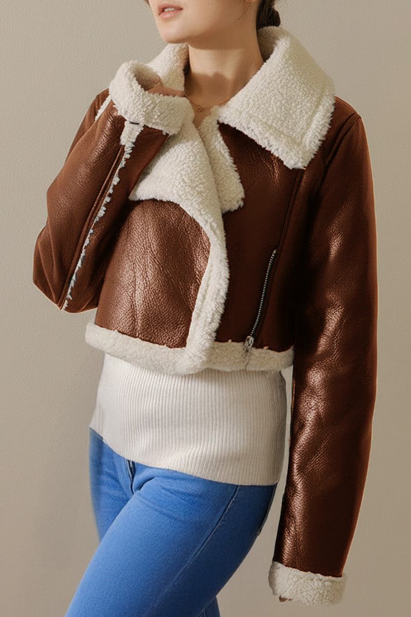 Cropped faux leather sherpa jacket with soft cream lining and trim, warm and stylish for everyday wear