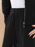 Nano-fleece zip two-piece set with slim-relaxed fit and wide-leg pants for warmth and style