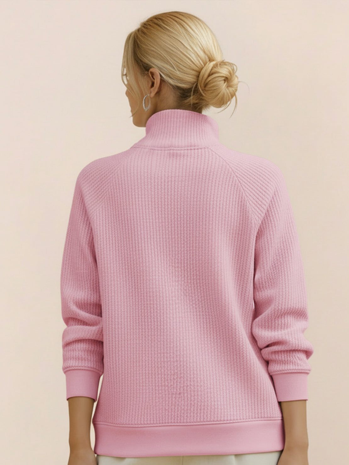 Half-Zip waffle pullover with kangaroo pocket and fold-over collar in neutral tones