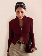 Comfortable slim fit zip-up knit cardigan jacket with vertical ribbing and high neckline