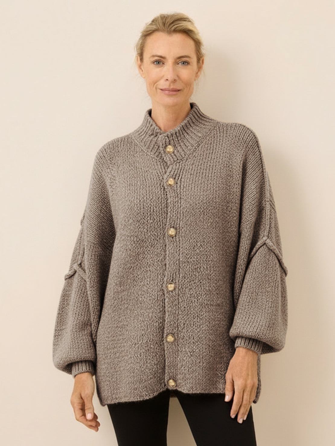 Oversized button-front knit cardigan with balloon sleeves and gold-tone buttons
