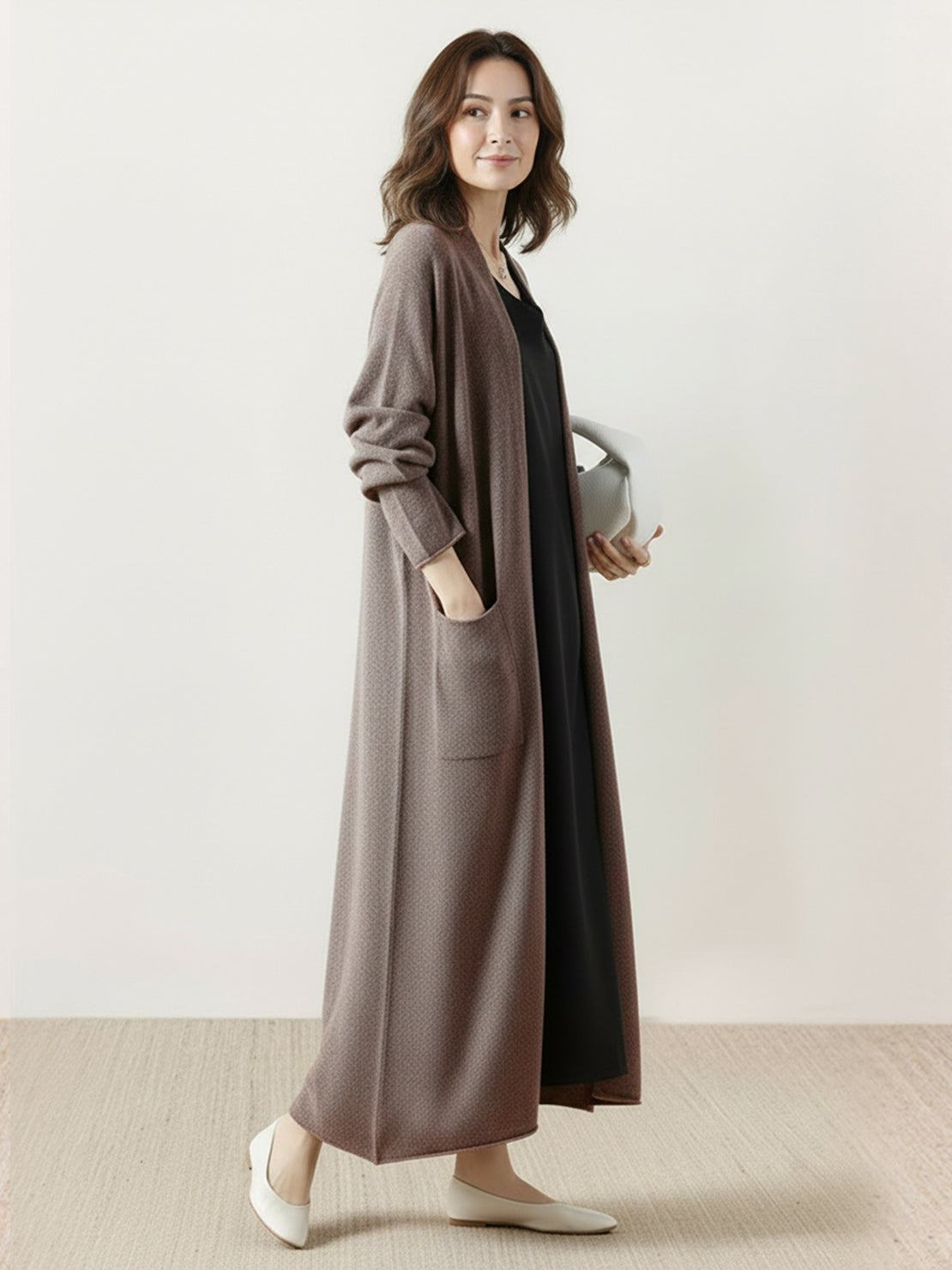 Long Australian Merino Wool cardigan with open front and patch pockets