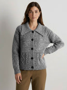 Wool-blend button-front cardigan with wide collar and five-button closure, soft anti-pilling knit for lightweight warmth and layering.