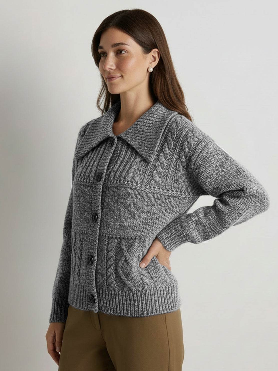 Wool-blend button-front cardigan with wide collar and five-button closure for lightweight warmth and layering