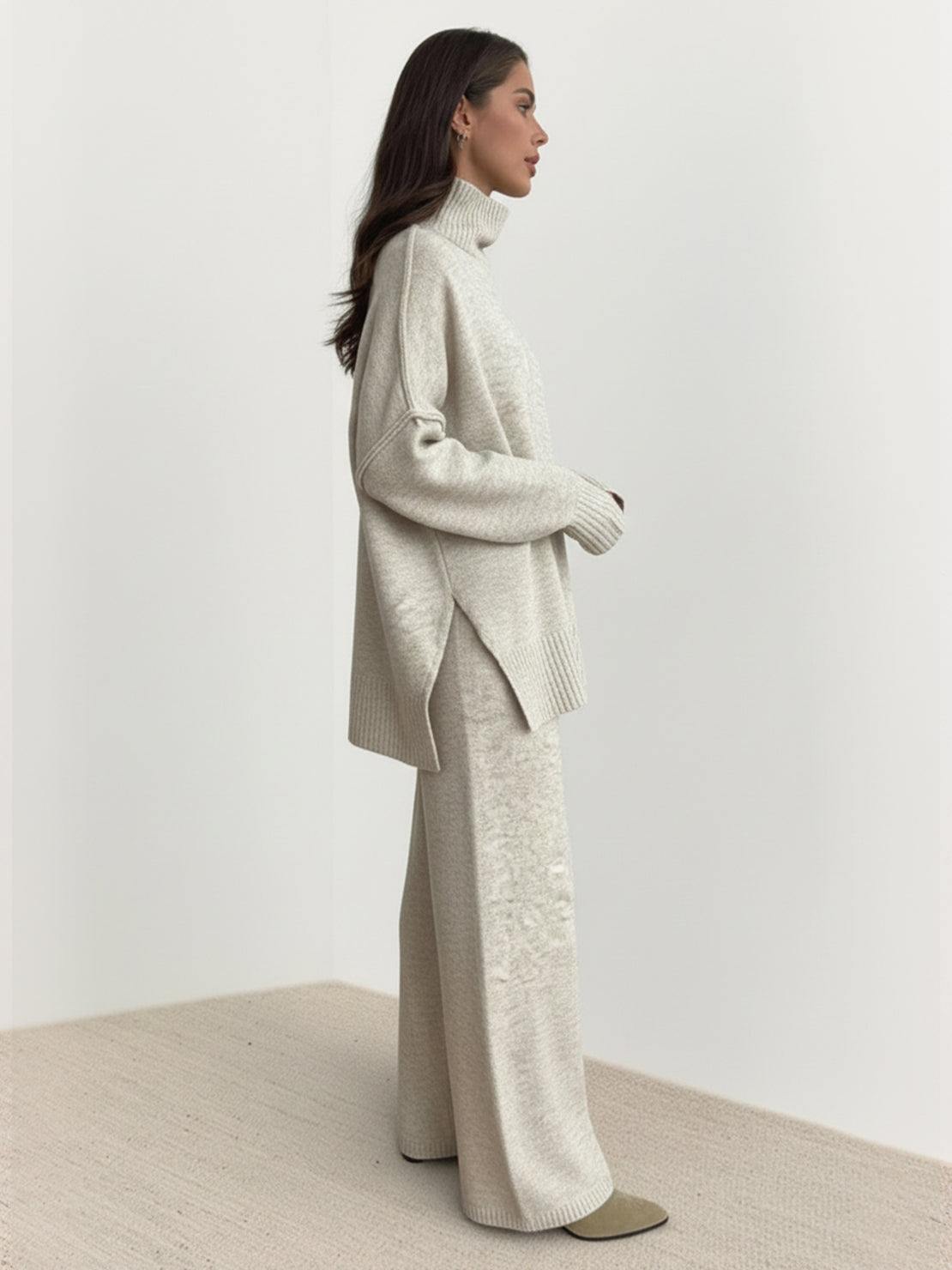 Soft-knit turtleneck two-piece with relaxed fit and wide-leg pants