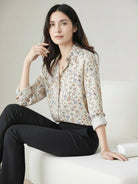 Floral button-down shirt with long sleeves and relaxed fit for work or casual wear