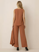 Open-front three-piece co-ord set with longline cardigan, tank top, and wide-leg trousers in lightweight knit fabric
