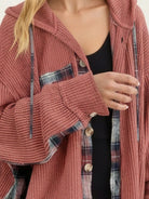 CloudKnit Oversized Hooded Shacket waffle knit button-front hip-length jacket with drawstring hood and relaxed fit