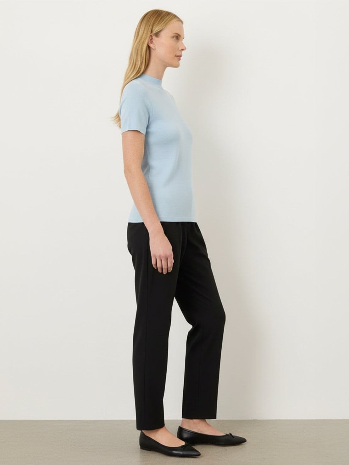 100% Merino Wool slim fit short-sleeve mock neck tee made from ultra-fine Australian Merino wool