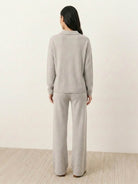 Oversized polo knit loungewear set with soft collar and straight-leg pants