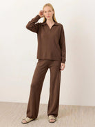 Oversized polo knit loungewear set with soft collar and straight-leg pants