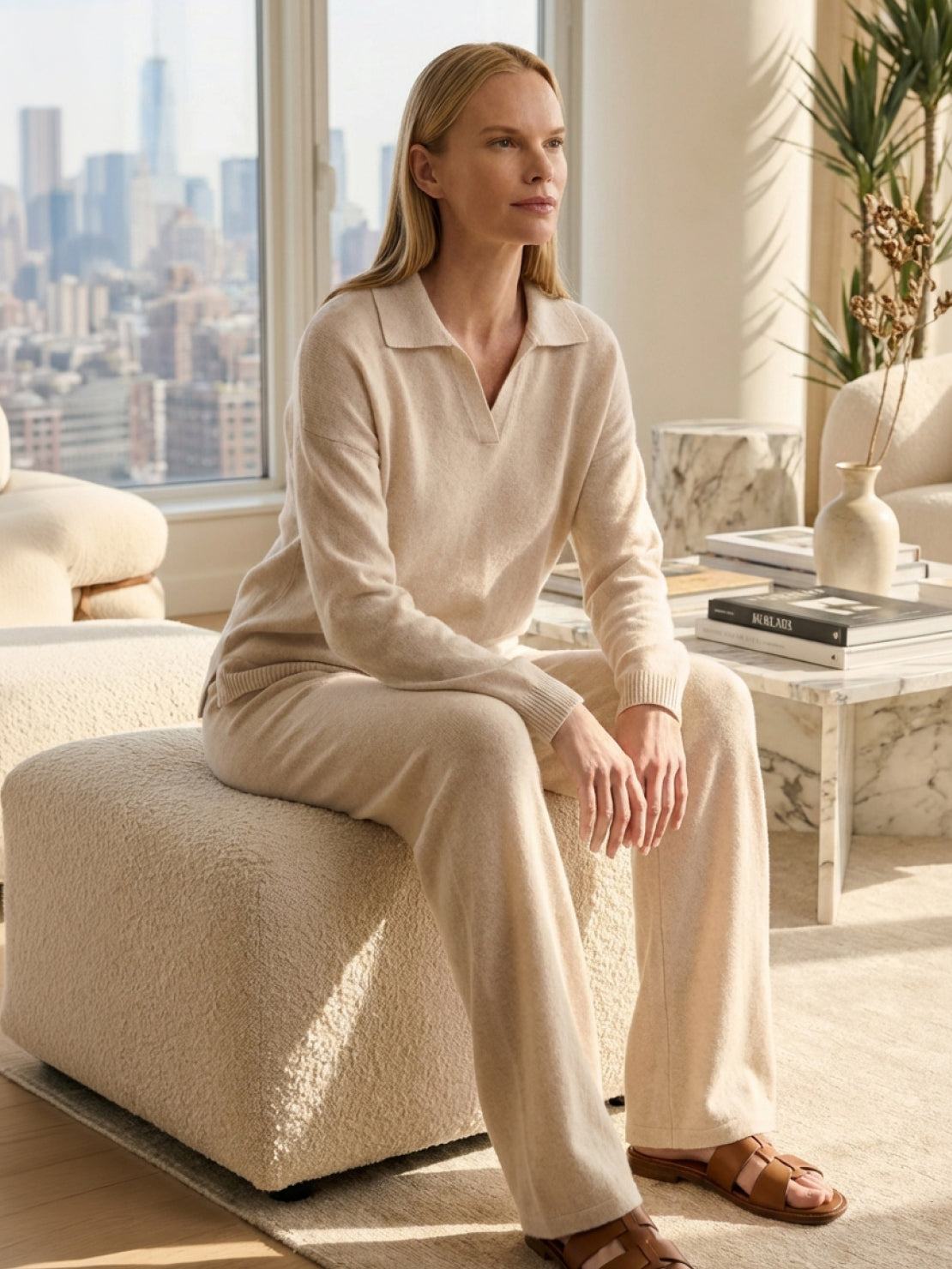 Oversized polo knit loungewear set with soft collar and straight-leg pants