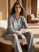 Oversized polo knit loungewear set with soft collar and straight-leg pants in light knit fabric