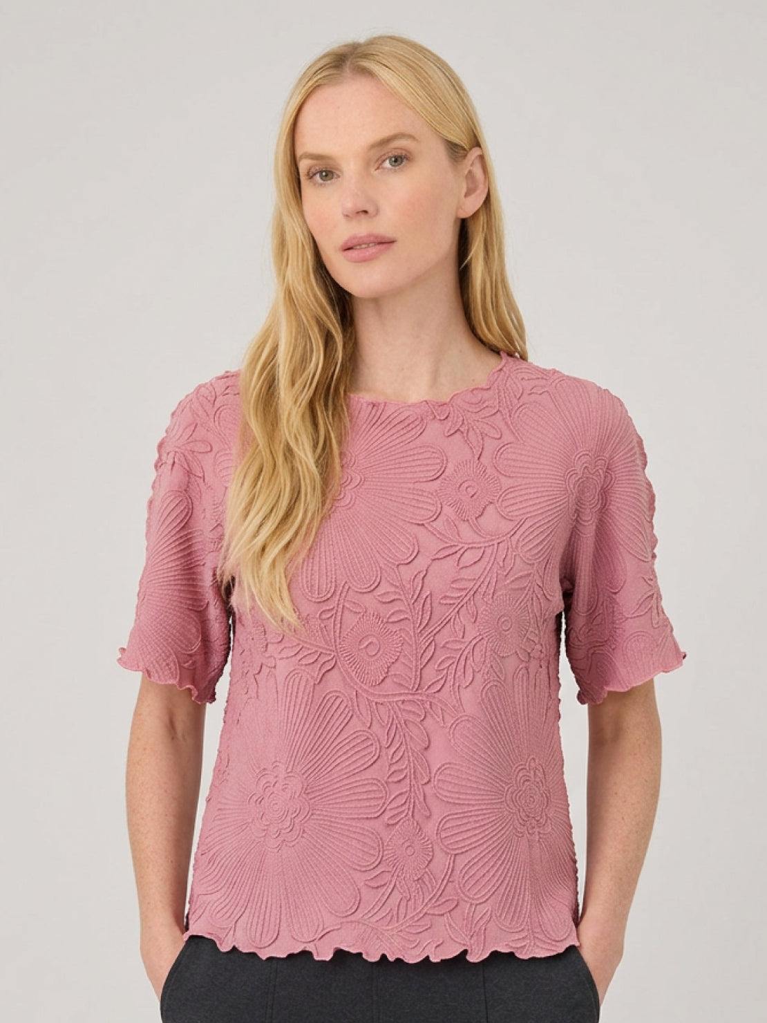 Lightweight Floral Jacquard Pleated Top with flutter sleeves and 3D floral texture