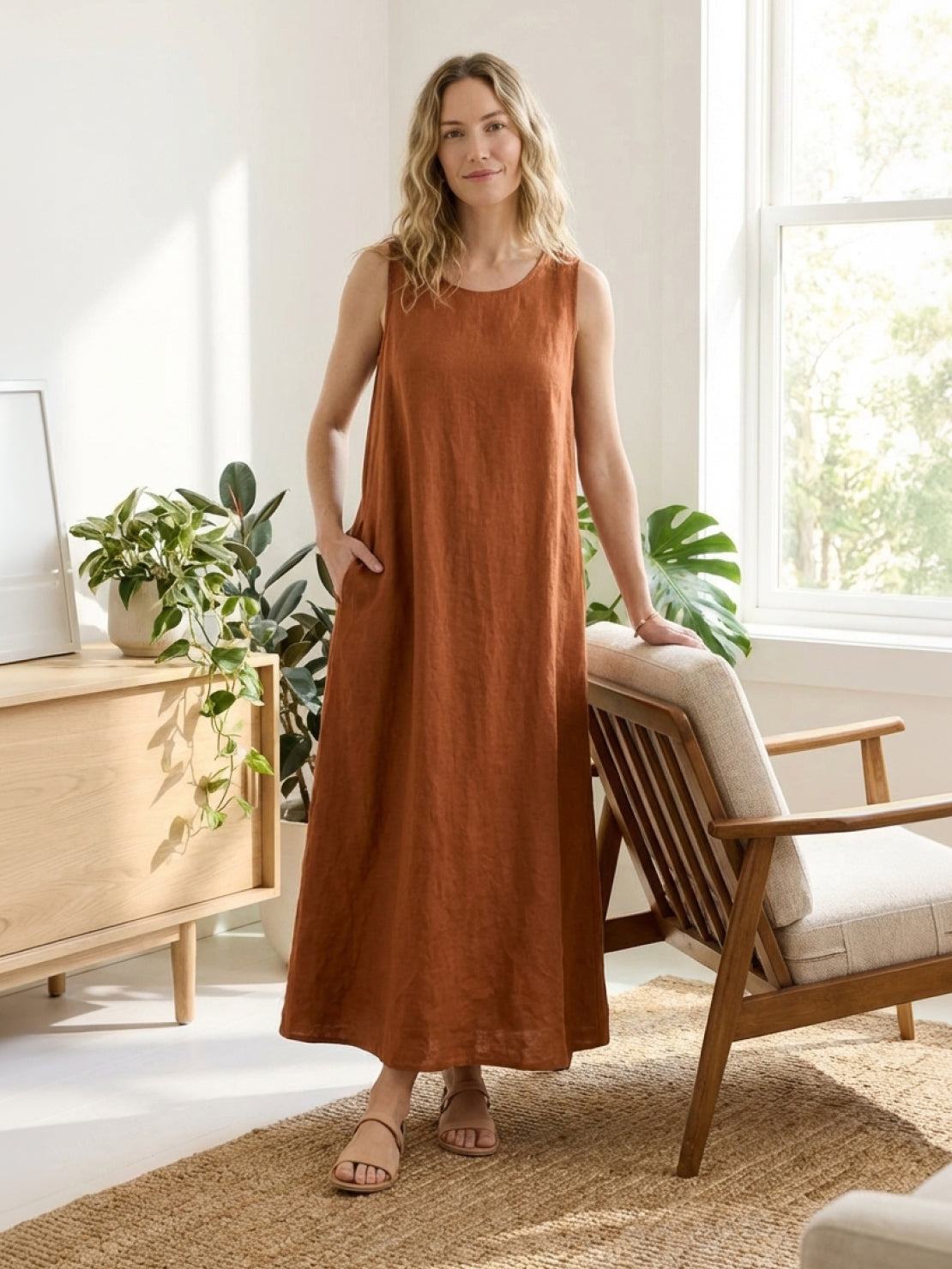 Lightweight cotton linen sleeveless maxi dress with round neckline and flowing ankle-length silhouette