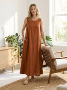Lightweight cotton linen sleeveless maxi dress with round neckline and flowing ankle-length silhouette
