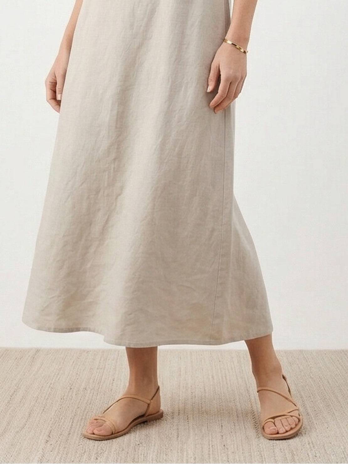 Lightweight cotton linen sleeveless maxi dress with round neckline and ankle-length relaxed fit