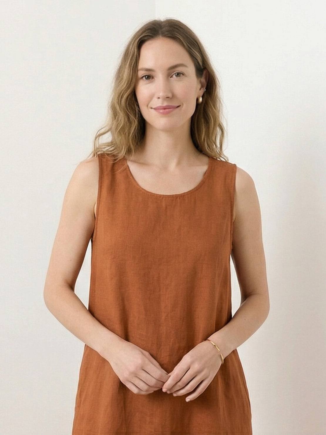 Lightweight 100% cotton linen sleeveless maxi dress with round neckline and flowing ankle-length silhouette