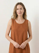 Lightweight 100% cotton linen sleeveless maxi dress with round neckline and flowing ankle-length silhouette