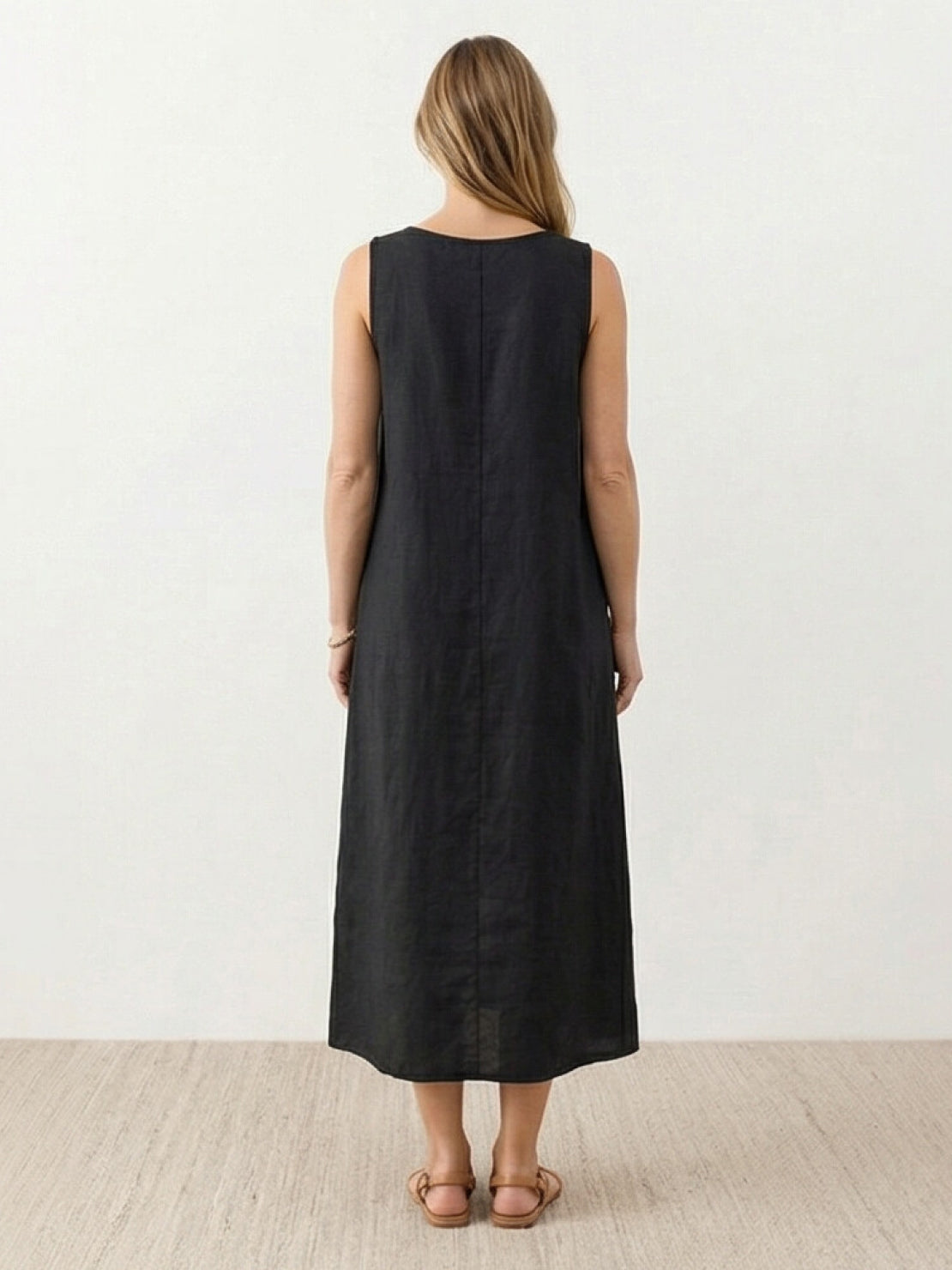 Lightweight 100% cotton linen sleeveless maxi dress with round neckline and flowing ankle-length silhouette
