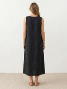 Lightweight 100% cotton linen sleeveless maxi dress with round neckline and flowing ankle-length silhouette