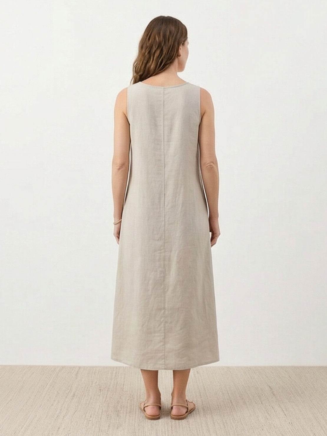 Lightweight 100% cotton linen sleeveless maxi dress with round neckline and flowy ankle-length design