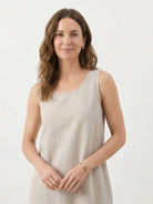 Lightweight cotton linen sleeveless maxi dress with round neckline and relaxed ankle-length fit