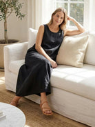 Lightweight 100% cotton linen sleeveless maxi dress with round neckline and flowing ankle-length silhouette