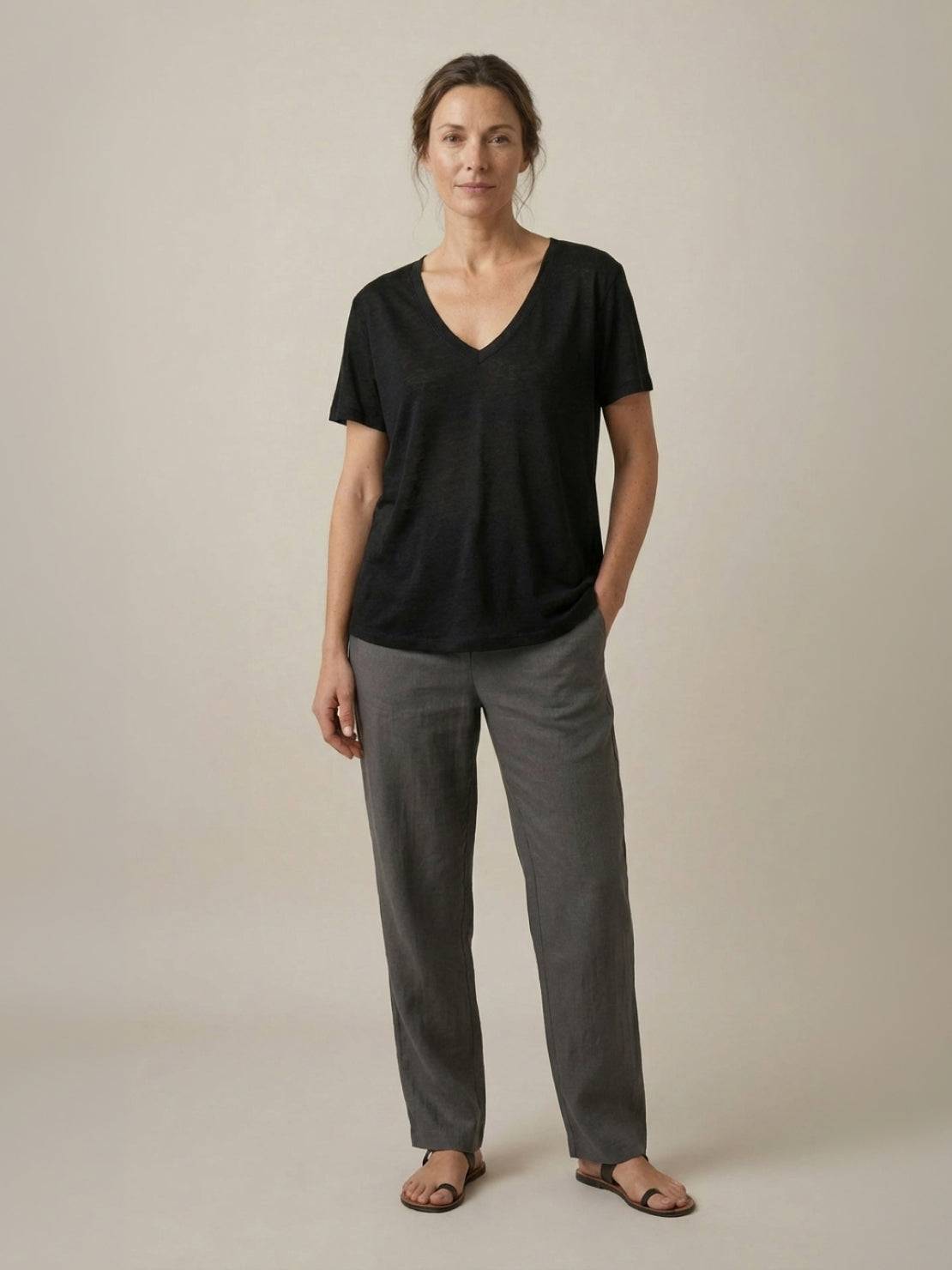 Lightweight linen-bamboo V-neck tee with deep neckline and relaxed fit