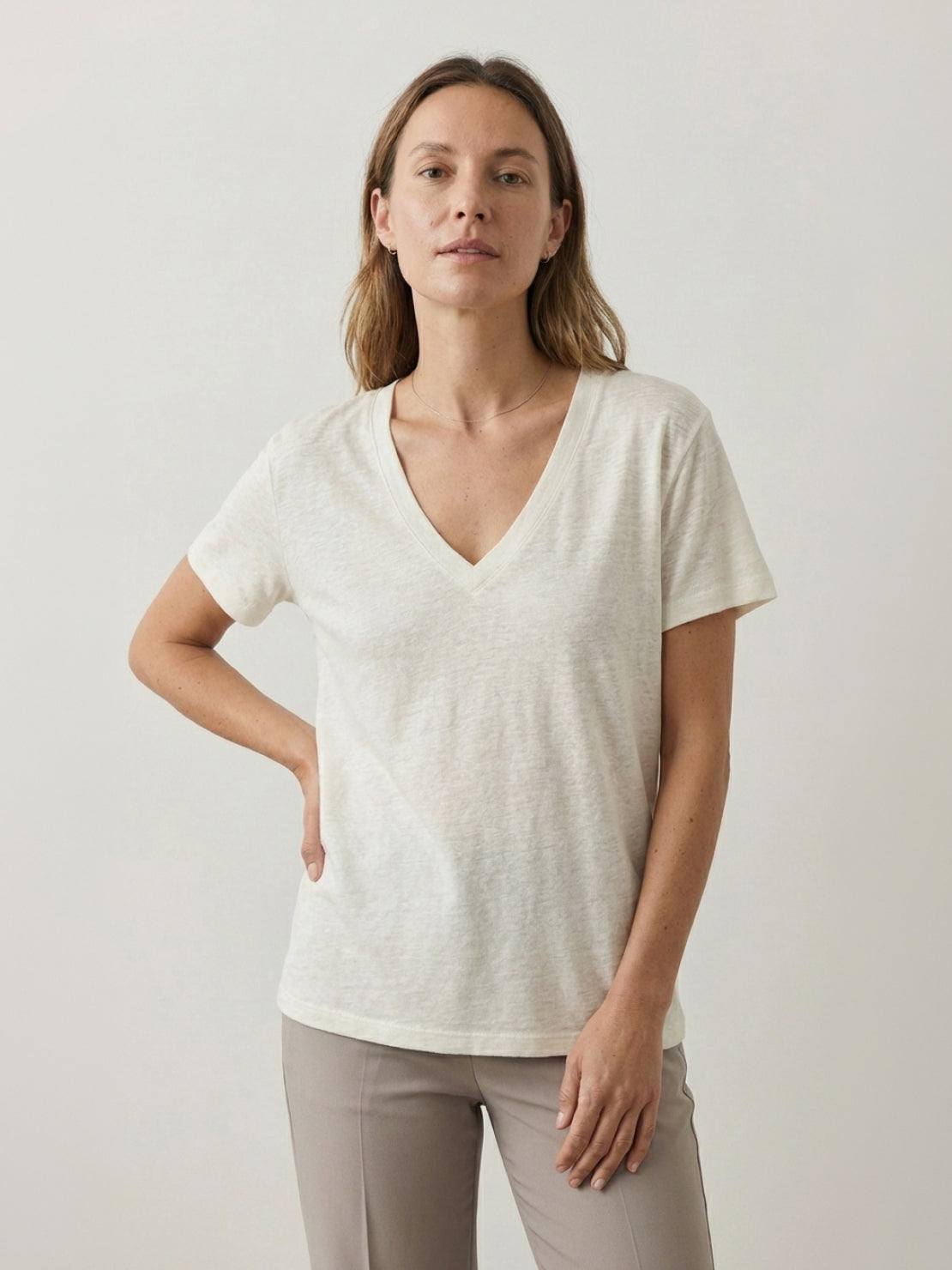 Linen-Bamboo V-Neck Tee with deep V-neck, short sleeves, and relaxed fit made of breathable linen and bamboo viscose blend.