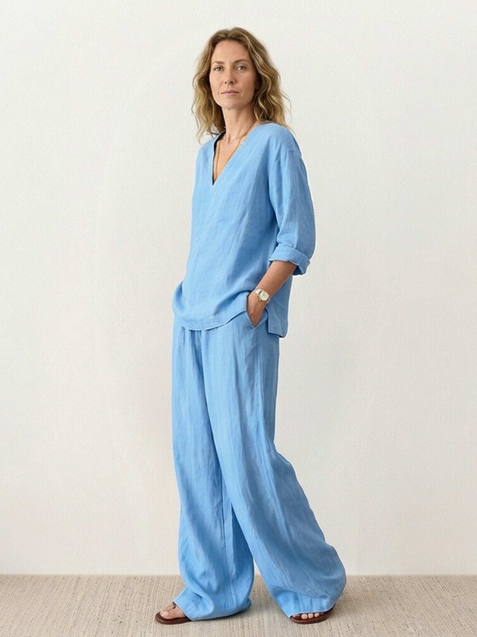 Lightweight 100% cotton linen set with V-neck top and wide-leg pants