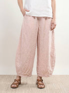 100% linen harem balloon pants with elastic drawstring waistband and natural crinkle texture
